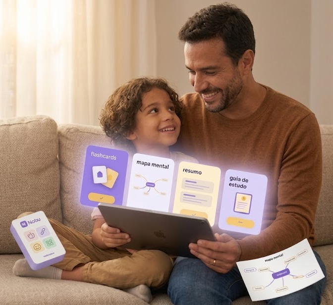 Pai e filho estudando juntos no tablet com materiais do Nobu